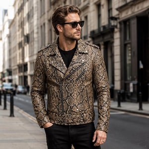 Men's Python Print Leather Biker Jacket – Snakeskin Pattern Motorcycle Streetwear Coat