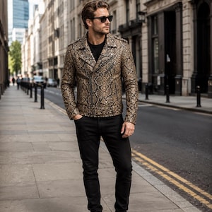 Mens Python Jacket, Brown Snakeskin Print Leather Biker Style with Belt