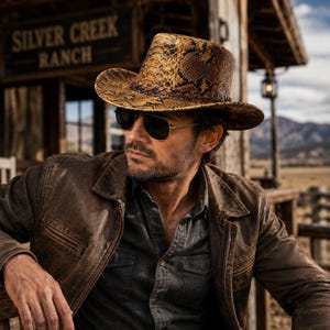 Brauner Cowboyhut mit Schlangenmuster, breite, gebogene Krempe mit geflochtenem Hutband