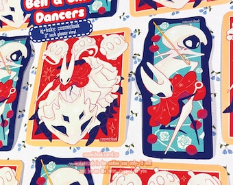 May include: A collection of glossy vinyl stickers featuring stylized illustrations of characters with white, red, and blue accents. The stickers have a 3-inch diameter and include the text "Bell & Silk Dancers" and social media handles.