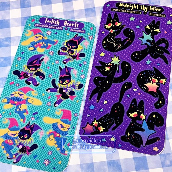 Fool's Heart & Midnight Sky Feline Stickersheet | anime waterbottle pierrot humor funny romance furry clown cat bunny pet christmas holiday