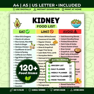 Può includere: Una tabella digitale Kidney Food List con tre colonne intitolate Eat, Limit e Avoid. Il documento include illustrazioni di un avocado, un'insalata, aglio e patate. Un badge circolare indica 120+ Food Items e un riquadro Extra Bonus elenca vari pianificatori.