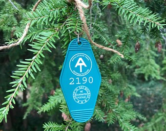 Appalachian Trail AT Christmas ornament and vintage hotel key chain trail marker.