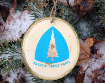 Pacific Crest Trail Holiday Christmas Ornament. This PCT is decorated one sided and printed on a real wood slice. Forest Branch Tree Slice