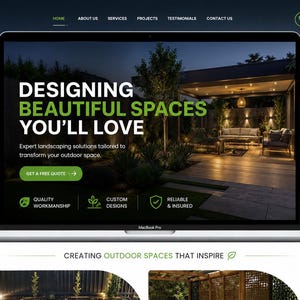May include: A laptop screen displaying the A&A Landscaping website homepage. The hero section features the text Designing Beautiful Spaces You'll Love, a Get A Free Quote button, and icons for Quality Workmanship, Custom Designs, and Reliable & Insured.