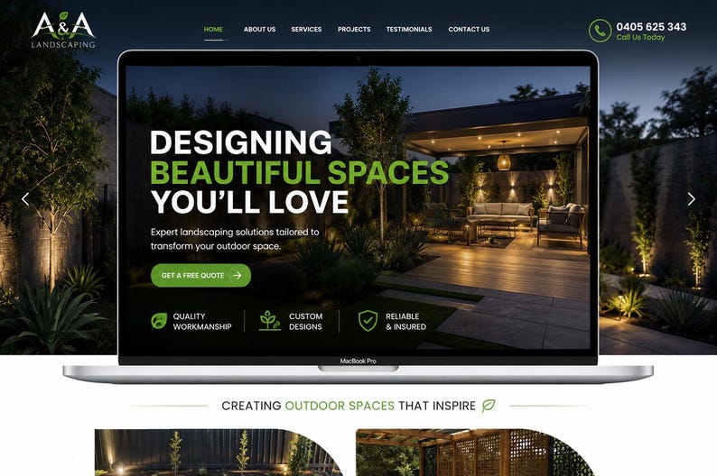 May include: A laptop screen displaying the A&A Landscaping website homepage. The hero section features the text Designing Beautiful Spaces You'll Love, a Get A Free Quote button, and icons for Quality Workmanship, Custom Designs, and Reliable & Insured.