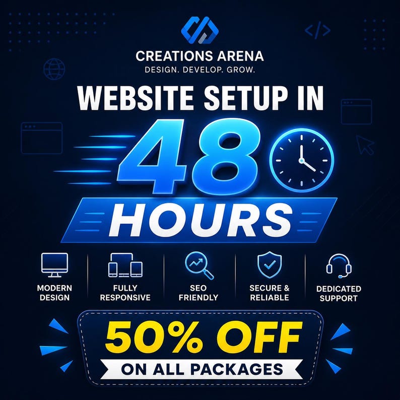 May include: A dark blue digital graphic for Creations Arena advertising website setup in 48 hours. It features large blue text, a clock icon, and five service icons labeled Modern Design, Fully Responsive, SEO Friendly, Secure & Reliable, and Dedicated Support. A yellow banner displays 50% OFF ON ALL PACKAGES.