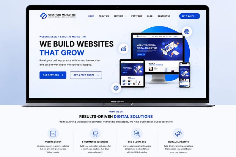 May include: A website interface for Creations Marketing displayed on a laptop screen. The design features a blue and white color scheme with text stating We Build Websites That Grow, alongside icons for website design and digital marketing services.