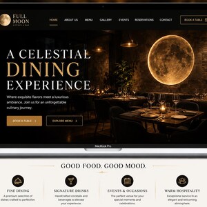 May include: A laptop screen displaying the Full Moon Kitchen & Bar website. The homepage features a dark theme with a large glowing moon graphic, the text A CELESTIAL DINING EXPERIENCE, and navigation menus. Below, the text GOOD FOOD. GOOD MOOD. appears.
