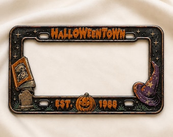 Halloween Town License Plate Frame, Spooky Witch Hat Car Tag Frame, Pumpkin Auto Decor, Halloween Car Accessory Gift