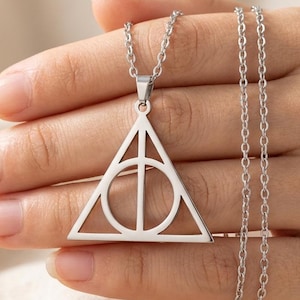 Collar con colgante de triángulo y círculo, collar triangular de plata y oro, collar con colgante de acero inoxidable de las Reliquias de la Muerte - Regalo de joyería de mago