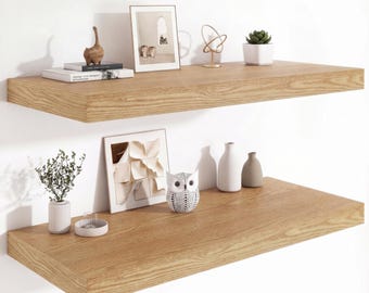 Oak Floating Shelves Set, 36x12 Inch Deep, Hidden Brackets, Modern Decor