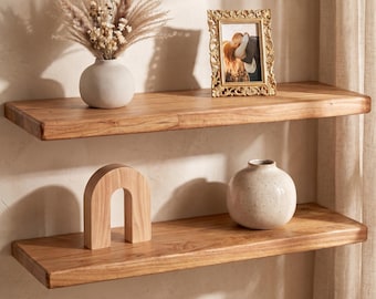 Reclaimed Elm Wood Floating Shelf 24 Inch Rustic Wall Shelf with Rounded Edge, Hidden Bracket
