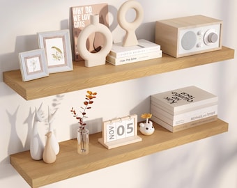 36 Inch Oak Finish Floating Shelves Set of 2, Engineered Wood, Hidden Brackets