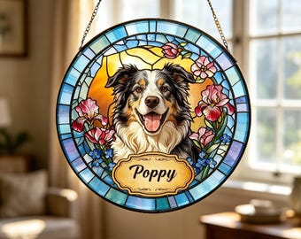 Benutzerdefinierte Hund Glasmalerei Suncatcher, personalisierte Haustierporträt-Fensterbehang, Hundegedenkgeschenk, Haustierverlust-Andenkendekor