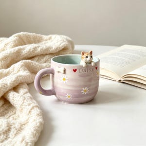 Personalized Purple hydrangea Pet Face Mug, Custom Ceramic Coffee Cup with 3D Dog Cat Sculpture, Handmade Animal Keepsake Gift,Birthday Gift