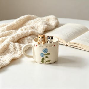 Custom 3D Blue hydrangea Puppy Mug,Personalized Ceramic Coffee Cup with Sculpted Pet Portrait,Cute  Gift for Pet Parents,Birthday Gift