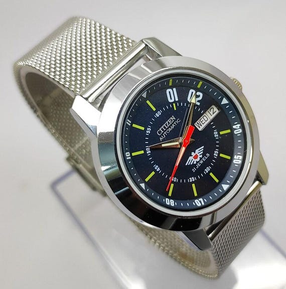 Vintage Citizen Automatic 21 Jewels Watch | Black Dial | Day Date | Stainless Steel Mesh Band | Men's Mechanical Wristwatch