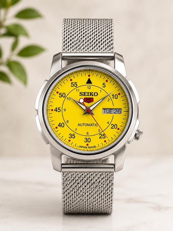 Seiko 5 Automatic Watch Yellow Dial Silver Mesh Bracelet Vintage Style Men's Wristwatch Japan Made