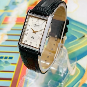 Vintage Seiko Tank Watch | Slim Rectangular Quartz Watch | White Dial | Black Leather Strap