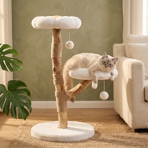 May include: A cat tree featuring a natural wood trunk wrapped in jute rope, a white plush circular base, and two platforms. The top platform is shaped like a white flower with a yellow center, and the middle platform holds a light-colored cat.