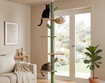 Cactus Cat Tree Floor to Ceiling | Sisal Cat Scratching Post Tree with Basket | Modern Indoor Climbing Tower for Cats