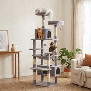 May include: A tall, multi-level cat tree featuring soft gray plush fabric, several vertical scratching posts wrapped in light beige sisal rope, multiple platforms, two enclosed cubby houses, a hanging hammock, and small dangling toy balls.