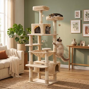 May include: A tall, multi-level beige cat tree featuring several carpeted platforms, two enclosed cubby houses, a hanging hammock, and three dangling toy balls. Three cats are positioned on different levels of the structure, climbing and resting.