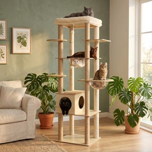 May include: A tall, multi-level cat tree featuring beige carpeted posts, several wooden platforms, a square enclosed cubby, a hanging hammock, and a clear acrylic bowl perch. Five cats of various colors are resting on different levels of the structure.