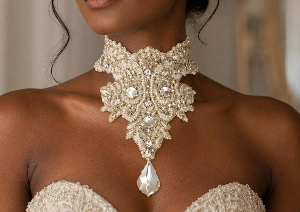 Ivory and Gold Bridal Choker Necklace, Pearl Crystal Lace Wedding Bridal Jewelry
