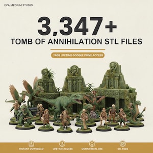 Könnte beinhalten: Eine Sammlung von über 3.347 Tomb of Annihilation STL-Dateien für den 3D-Druck, bestehend aus Miniaturfiguren von Skeletten, Entdeckern und Dinosauriern sowie steinernen Tempelstrukturen mit grünen, moosartigen Texturen und 74GB Zugang.