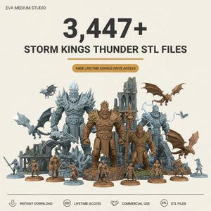 Peut inclure: Une collection de plus de 3 447 fichiers STL Storm Kings Thunder pour impression 3D, comprenant diverses figurines fantastiques, des géants, des dragons et des structures en ruine. Accès à vie à 84 Go via Google Drive.