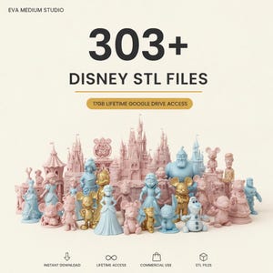 May include: A collection of 3D printed figurines featuring various characters and castles, with text reading 303+ DISNEY STL FILES and 17GB LIFETIME GOOGLE DRIVE ACCESS. The figures are rendered in shades of light pink, blue, and gold.