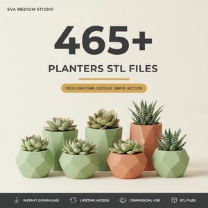 Puede incluir: Una colección digital de más de 465 archivos STL de macetas de Eva Medium Studio, con acceso de por vida a 10GB en Google Drive. El gráfico muestra varias macetas geométricas en tonos verde salvia y terracota, cada una con una planta suculenta.