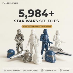 May include: A collection of Star Wars STL files featuring various trooper figures, helmets, and starships in metallic silver, white, and blue. Text includes 5,984+ STAR WARS STL FILES, 153GB LIFETIME GOOGLE DRIVE ACCESS, and EVA MEDIUM STUDIO.