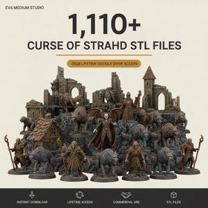 May include: A collection of 1,110+ Curse of Strahd STL files for 3D printing, featuring miniature figures of a vampire, wolves, skeletons, and ruined stone structures. The digital product includes 26GB of lifetime Google Drive access.