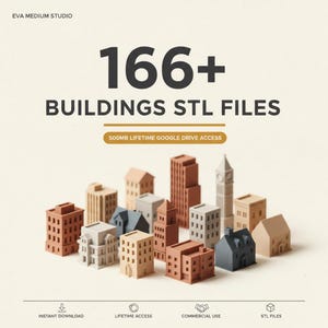Op de afbeelding: Een digitale collectie van 166+ gebouwen STL-bestanden van EVA MEDIUM STUDIO, inclusief 500MB levenslange Google Drive-toegang. De afbeelding toont diverse miniatuur architecturale structuren in bruine, grijze en beige tinten.