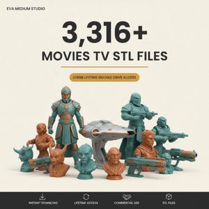 Könnte beinhalten: Eine Sammlung von türkisfarbenen und kupferfarbenen 3D-gedruckten Charakterfiguren und einem Raumschiffmodell. Der Text lautet: EVA MEDIUM STUDIO, 3,316+ MOVIES TV STL FILES, 236GB LIFETIME GOOGLE DRIVE ACCESS, INSTANT DOWNLOAD, LIFETIME ACCESS, COMMERCIAL USE, STL FILES.