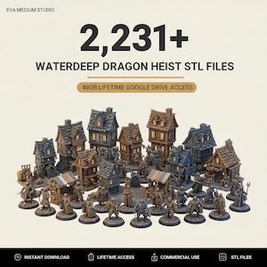 May include: A collection of 2,231+ Waterdeep Dragon Heist STL files for 3D printing, featuring miniature fantasy buildings and character figurines. The digital set includes 49GB of lifetime Google Drive access for instant download and commercial use.