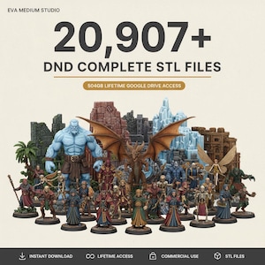 Op de afbeelding: Een digitale collectie van 20.907+ DND complete STL-bestanden met 504GB levenslange Google Drive-toegang. De afbeelding toont diverse beschilderde miniatuurfiguren, waaronder een grote blauwe reus, een gevleugelde draak, skeletten en humanoïden.