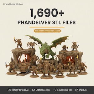 Può includere: Una collezione di miniature fantasy stampate in 3D che include un drago verde, vari goblin, ragni e una figura di nano, esposti con pezzi di terreno roccioso a forma di grotta e un carrello da miniera. Il testo recita 1.690+ PHANDELVER STL FILES e 41GB LIFETIME GOOGLE DRIVE ACCESS.