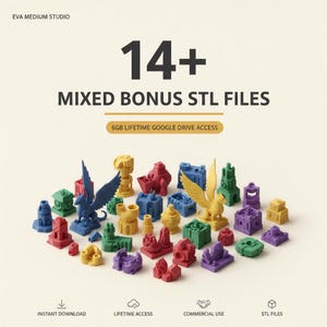 May include: A collection of small, colorful 3D printed figurines in blue, yellow, red, green, and purple. Text reads: 14+ MIXED BONUS STL FILES, 6GB LIFETIME GOOGLE DRIVE ACCESS, EVA MEDIUM STUDIO, INSTANT DOWNLOAD, LIFETIME ACCESS, COMMERCIAL USE, STL FILES.