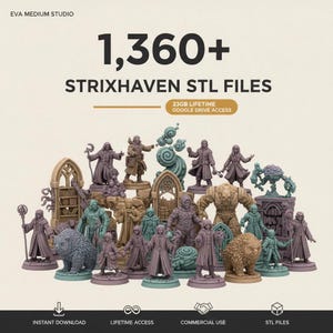 May include: A collection of 1,360+ Strixhaven STL files for 3D printing, featuring various miniature figures of wizards, creatures, and architectural elements. The digital product includes 33GB of lifetime Google Drive access for instant download.