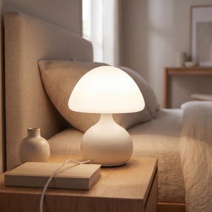 May include: A mushroom-shaped table lamp with a smooth, matte white finish and a rounded, translucent shade that emits a soft, warm glow. The lamp features a curved base and a white power cord extending from the bottom, resting on a wooden surface.