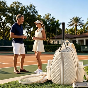 Könnte beinhalten: Ein cremefarbener, gesteppter Tennisrucksack mit einem vertikal gestreiften Mittelteil, der einen Tennisschläger im oberen Fach aufbewahrt, sowie Seitentaschen mit einer weißen Trinkflasche und einer Tube Aether-Sonnencreme und einem Tennisschläger.