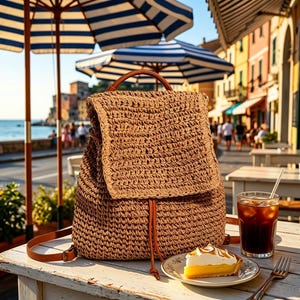 May include: A tan woven straw backpack with a top flap, a drawstring closure, and brown leather straps. The backpack sits on a white table next to a small plate with a slice of lemon meringue pie and a glass of iced coffee with a white straw.