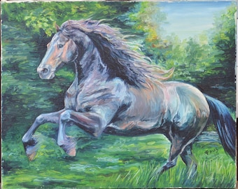 Viktoria Friz, cuadro al óleo de un caballo gris, firmado en 2003, arte ecuestre sobre lienzo (40 x 50 cm).