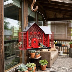 Metal House-Shaped Wild Bird Feeder, Squirrel-Proof Hanging Feeder for Seeds & Suet, Outdoor Backyard Bird Watching Decor