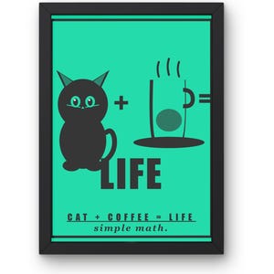 Cat Plus Coffee Equals Life Print, Bold Graphic Equation Poster, Mint Green Wall Art, Funny Cat Coffee Gift, Kitchen Math Print
