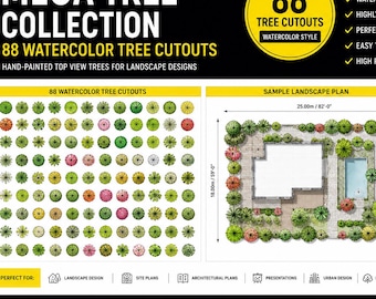 88 Watercolor Tree Cutouts | Top View Tree PNG Pack | Landscape Architecture Trees